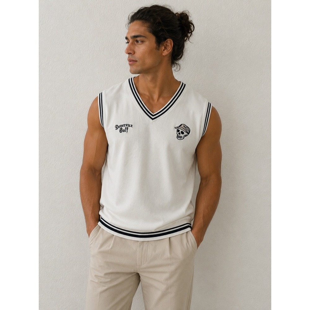 Devereux Golf Sweater Vest White Skull V Neck Knit Pullover Men's Medium M
